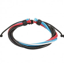 Multi-bracelet – two black leather straps, white, red and blue braided cord