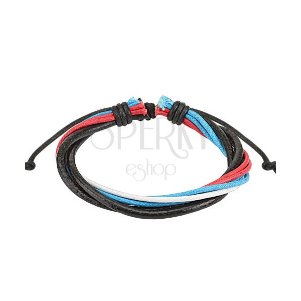 Multi-bracelet – two black leather straps, white, red and blue braided cord