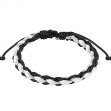 Leather bracelet – a plait, black braided strings, white leather strip, adjustable fastening