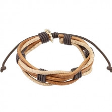 Multi-bracelet – three leather cinnamon-brown coloured strips, two beige coloured strings, tied sections