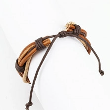 Multi-bracelet – three leather cinnamon-brown coloured strips, two beige coloured strings, tied sections