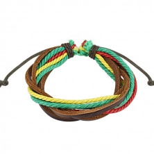 Leather bracelet in RASTA colours – intertwined strings, adjustable length