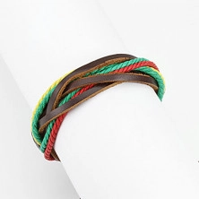 Leather bracelet in RASTA colours – intertwined strings, adjustable length