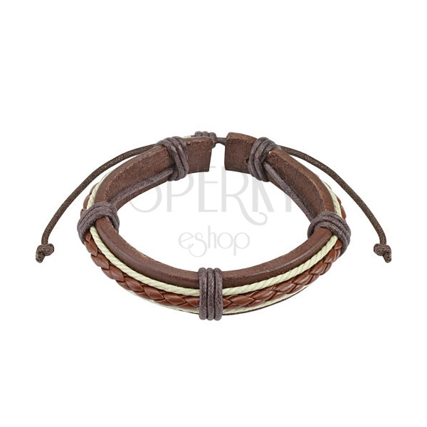 Leather bracelet – dark-brown belt, plain in a caramel colour, white strings