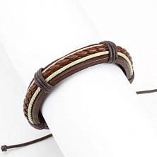 Leather bracelet – dark-brown belt, plain in a caramel colour, white strings