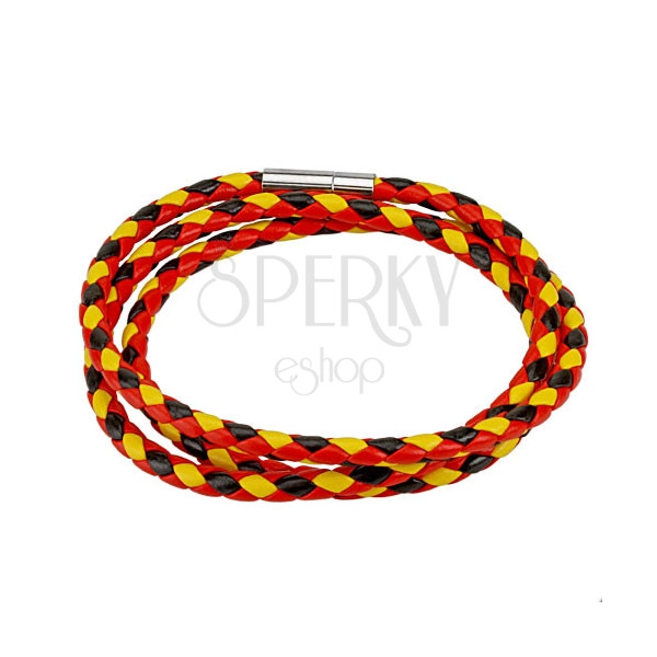 Braided three-coloured leather wrist bracelet – red, black and yellow colour