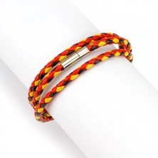 Braided three-coloured leather wrist bracelet – red, black and yellow colour