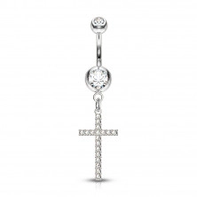Belly button piercing – round clear crystal with a pendant, cross paved with crystals