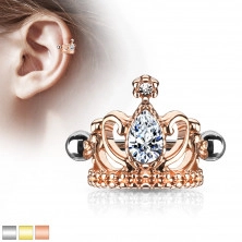 Steel ear piercing – royal crown with a teardrop, glossy barbell with beads