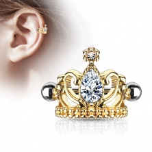 Steel ear piercing – royal crown with a teardrop, glossy barbell with beads