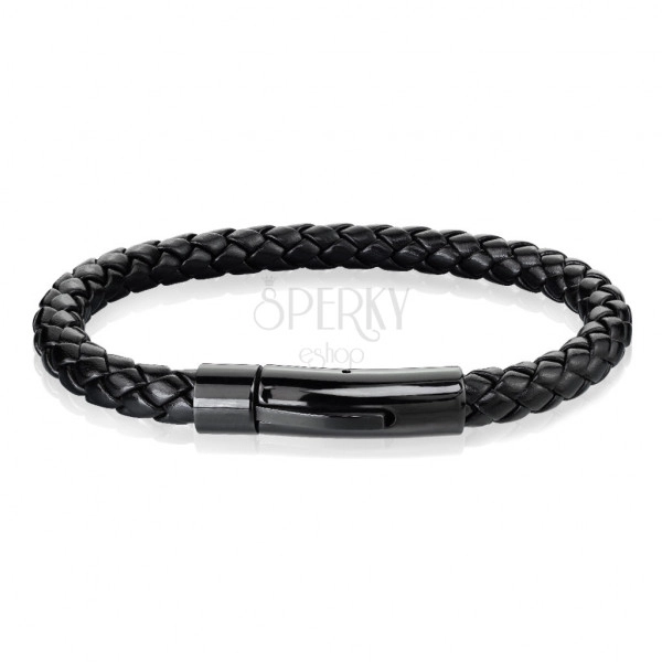 Black leather bracelet with a braided pattern – steel fastening in a black coloured shade