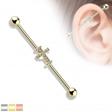 Ear piercing made of stainless steel – barbell finished by beads, adorned with a cross with crystals