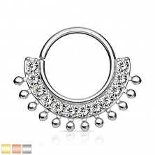 Steel nose piercing – half-arch adorned with tiny zircons, glossy beads