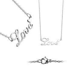 Necklace made of steel – writing “Love”, round links, smooth finish, lobster claw closure