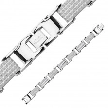 Steel bracelet in a silver colour – links with notches and round zircons, watch clasp fastening