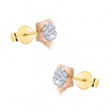 Golden 14K earrings – flower with Swarovski crystals, pink mother-of-pearl petals, studs