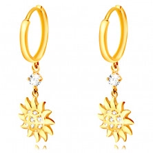 Round earrings in 585 yellow gold – pendant in the shape of the sun, round clear zircon