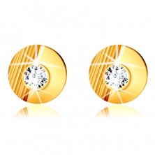 14K Golden earrings – circle with notches, smooth half circle, embedded round zircon, studs