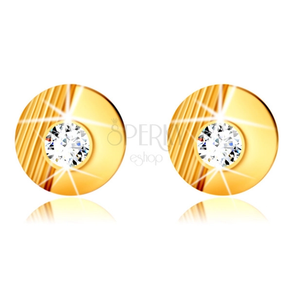 14K Golden earrings – circle with notches, smooth half circle, embedded round zircon, studs
