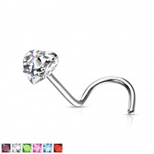 Curved nose stud with zircon heart
