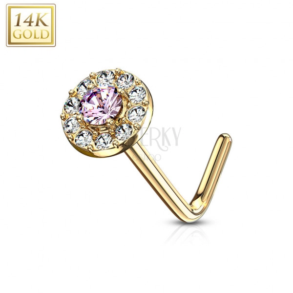 Curved nose piercing in 14K gold – pink zircon lined with clear zircons