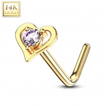 Curved nose piercing made of 14K yellow gold – heart-shaped contour with a pink zircon	
