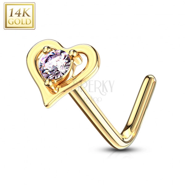 Curved nose piercing made of 14K yellow gold – heart-shaped contour with a pink zircon	