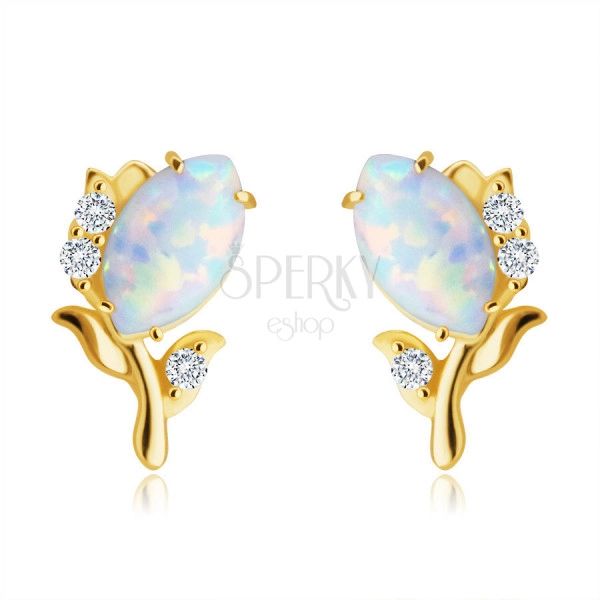 14K Yellow gold diamond earrings – flower with a white synthetic opal, brilliants