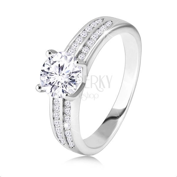 925 Silver ring, engagement – two zircon bands, round cut zircon in the centre