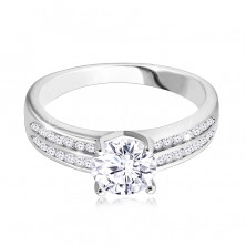 925 Silver ring, engagement – two zircon bands, round cut zircon in the centre