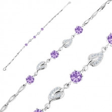 925 Silver bracelet – zircon leaves, purple zircons, teardrop-shaped segments