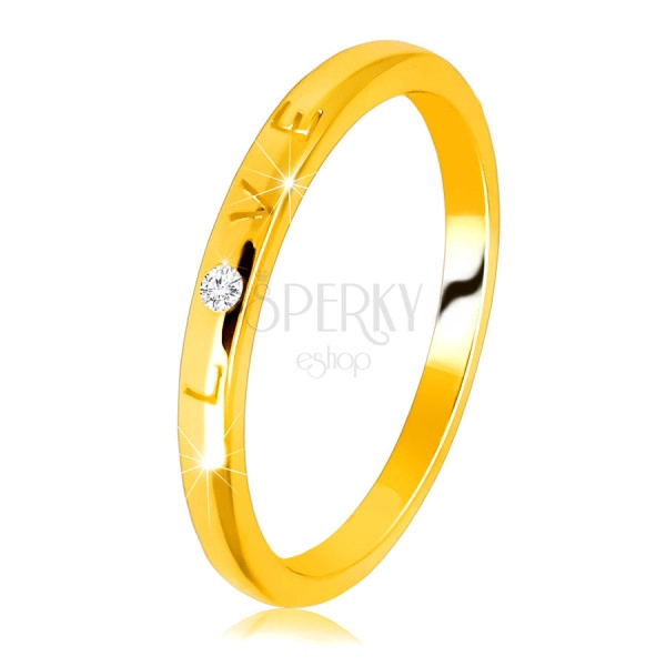 14K Yellow gold diamond band – writing “LOVE” with a brilliant, smooth surface, 1,5 mm 