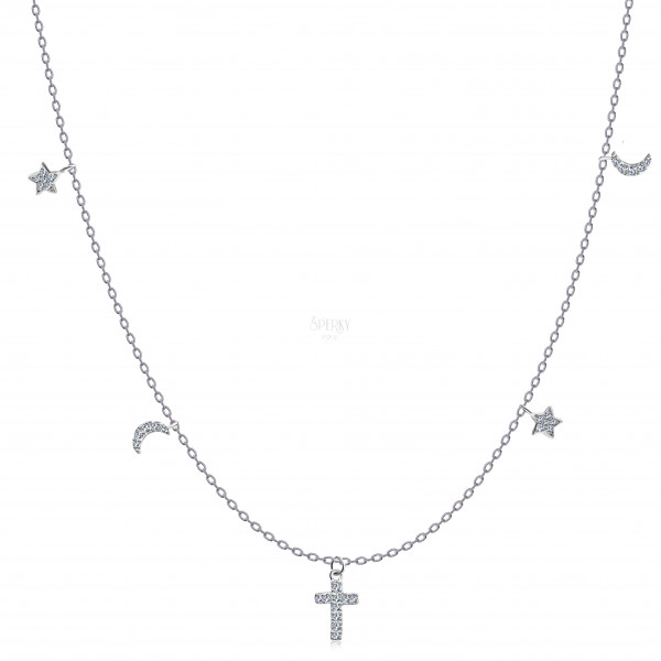 925 Silver necklace – cross, stars and moons, clear zircons