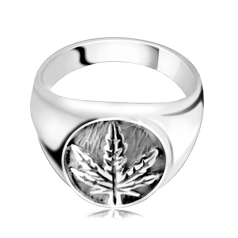 Robust 925 silver ring – cannabis leaf in a ring with patina