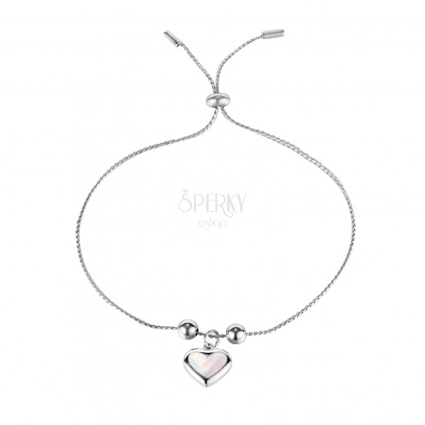 Steel bracelet, silver colour - slim chain, smooth balls, pendant heart