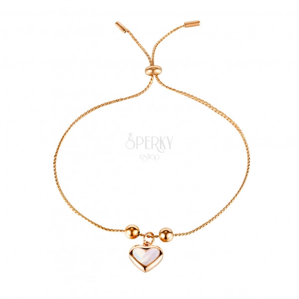 Steel bracelet, copper colour - slim chain, smooth balls, pendant heart, rainbow reflections
