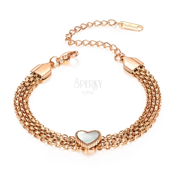 Steel bracelet, copper colour  - chain of oval rings, heart with rainbow reflection