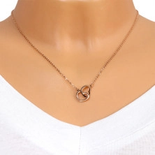 Steel necklace of copper colour, fine chain, two shapes of hearts tight together 