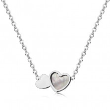 Necklace made from steel of silver colour, oval rings, two flat hearts,  mother-of-pearl, rainbow reflections