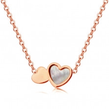Necklace made of steel copper colour, oval rings, two flat hearts,  mother-of-pearl, rainbow reflections