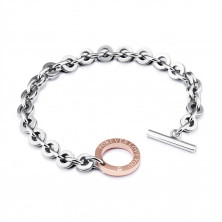 Steel bracelet of silver colour - copper shape of a circle, inscription "FOREVER LOVE YOU", zircon