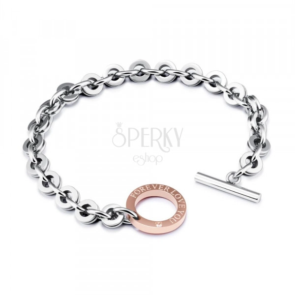 Steel bracelet of silver colour - copper shape of a circle, inscription "FOREVER LOVE YOU", zircon