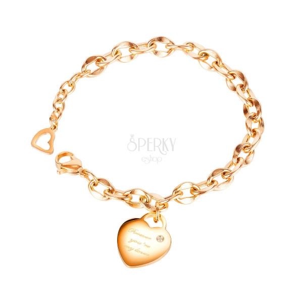 Bracelet from steel, flat heart, inscription "Forever you´re my love", zircon, copper colour