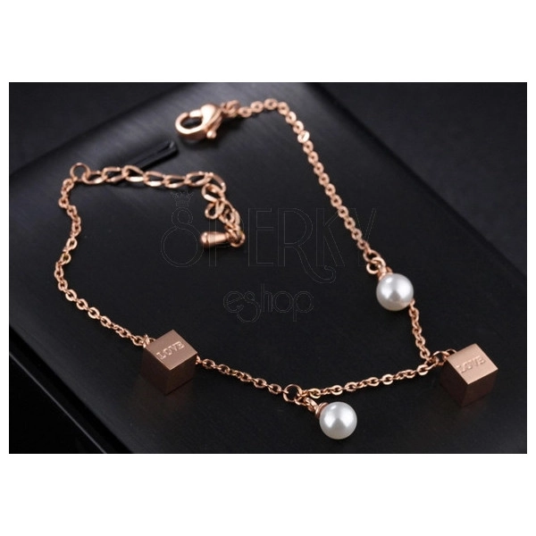 Steel bracelet of copper colour - mother-of-pearl balls, shiny dices with inscription "LOVE"