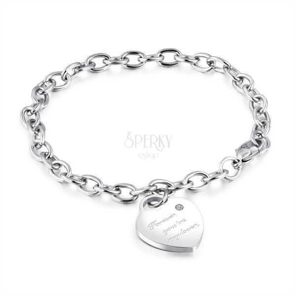 Steel bracelet of silver colour, heart lock, inscription "Forever you´re my lover", zircon