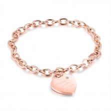 Steel bracelet of copper colour, heart lock, inscription "Forever you´re my love", zircon
