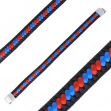 Black leather bracelet – braided red and blue strings, plug-in closure
