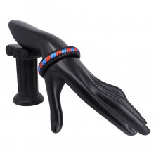 Black leather bracelet – braided red and blue strings, plug-in closure