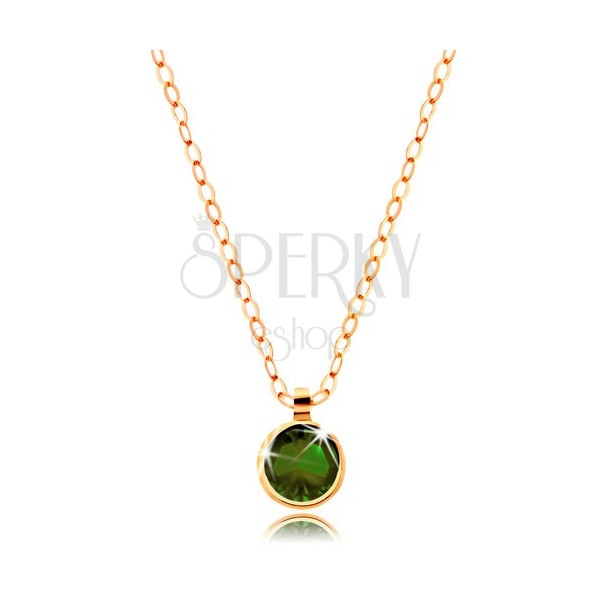585 Gold necklace – round olive-green zircon, glossy chain made of oval links