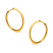 Golden round earrings in 14K gold - thin rounded shoulders, shiny surface, 16 mm